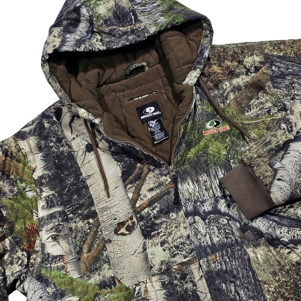 Mossy Oak Jacket Mens XL Green Brown Camo Quilted Hooded Bomber Hunting Cabin